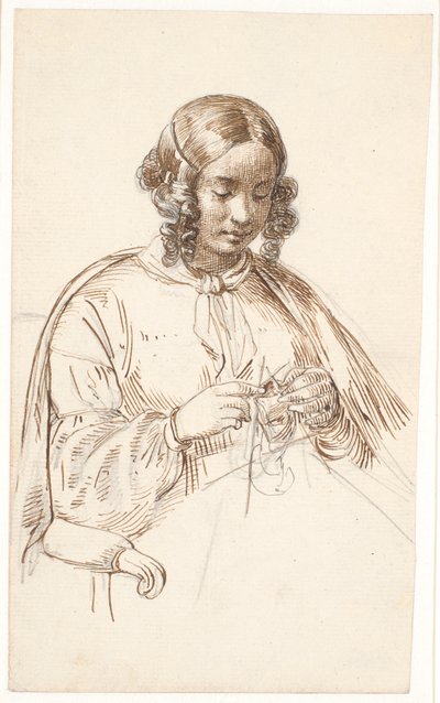 Ung strikkende dame, halv figur av Wilhelm Marstrand