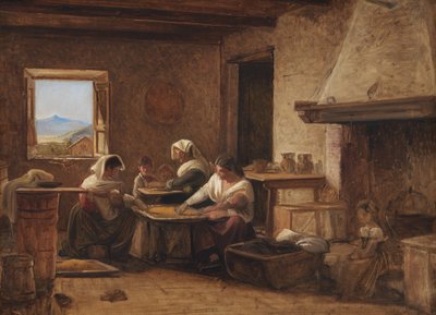 Kvinner som jobber på kjøkkenet i et gårdshus nær Olevano, Italia av Wilhelm Marstrand