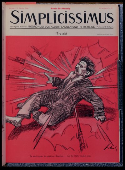 Karikatur av Leon Trotsky (1879-1940) under angrep, fra magasinet 