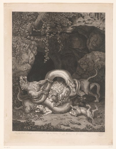 Løve og løvinne beskytter unger mot en slange av Wilhelm Tischbein