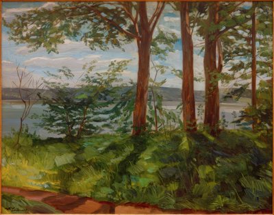 Landskap ved innsjøen Starnberg med tre trær av Wilhelm Trübner