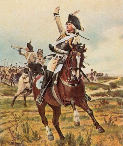 General Seydlitz gir signal til angrep ved Rossbach, 5. november 1757 (forbedret fargelitografi) av Wilhelm Werner Schuch