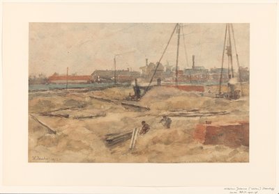 Byggeplass ved Wilhelmina Gasthuis av Wilhelmus Johannes Steenhoff