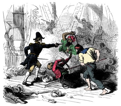 Kjempende algeriske pirater. Gravering fra «Sir Henry Morgan, Buccaneer». av Will Crawford