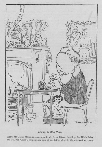 George Moore , irsk forfatter, jobber ved skrivemaskinen sin (litho) av Will Dyson