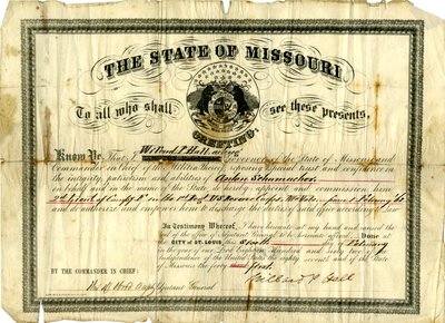 Militærkommisjon av Anton Schumacher som 2. løytnant av kompani F i 1. regiment U.S.R.C., Missouri Volunteers, 6. februar 1862 av Willard P. Hall