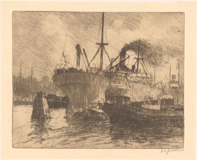 Fortøyde skip i havnen i Rotterdam av Willem Adrianus Grondhout (signed by artist)