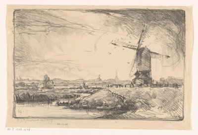 Landskap med vindmølle nær Leiden av Willem Adrianus Grondhout (signed by artist)