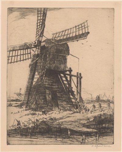 Vindmølle på vannet nær Leiden av Willem Adrianus Grondhout (signed by artist)