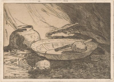 Stilleben med gryte og bolle av Willem Adrianus Grondhout (signed by artist)