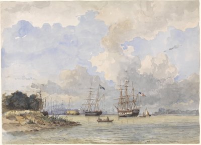 Maas for Rotterdam, med et amerikansk og svensk skip av Willem Anthonie van Deventer