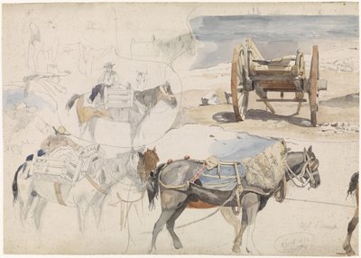 Studieark med skjellvogn på stranda og ulike studier av hester av Willem Anthonie van Deventer