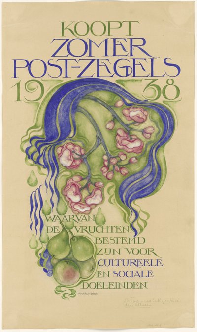 Design for en plakat for salg av sommerfrimerker for året 1938 av Willem Arondéus (signed by artist)