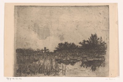Innsjø med siv og vannmølle, nær Giethoorn Kolk med vannmølle (Giethoorn) (original tittel) av Willem Bastiaan Tholen