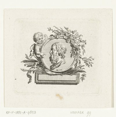 Byste av Homer på en medaljong holdt av en engel og dekorert med blomster og palmegrener av Willem Bilderdijk