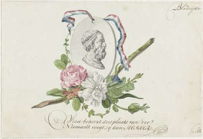 Vignett med blomster, portrettmedaljong og bånd av Willem Bilderdijk