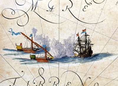 Kamp mellom to bysser og en karakk. Atlas av Willem Janszoon Blaeu (1571 - 1638) av Willem Blaeu