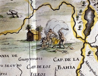 Brasil. Kannibaler som representerer en mann med en øks. Detalj av et kart over Atlas of W. Blaeu av Willem Blaeu