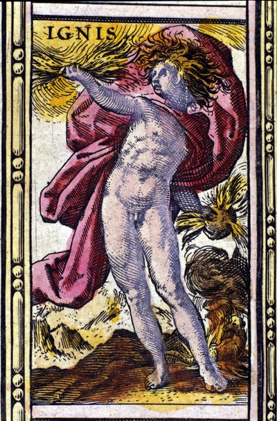 Brann, et av de fire elementene representert i W. Blaeus Atlas trykt i Amsterdam i 1655. av Willem Blaeu