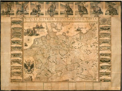 Ny og nøyaktig illustrasjon av Tyskland i sin helhet av Willem Janszoon Blaeu, kobberplate, trykt i Amsterdam av Willem Blaeu