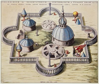 Stelleburgum sive Observatorium Subterraeum, underjordisk astronomisk observatorium ved Stjerneborg (Stjerneslottet), designet av Tycho Brahe (1546-1601) på øya Hven, Danmark, tegning av Willem Blaeu, ca 1595. av Willem Blaeu