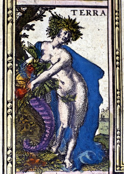 Jorden, et av de fire elementene representert i Atlas of W. Blaeu trykt i Amsterdam i 1655. av Willem Blaeu