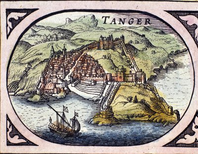Utsikt over den befestede byen Tanger og kysten, Marokko. Kart fra det nederlandske atlas av W. G. Blaeu, Amsterdam av Willem Blaeu