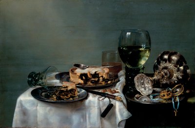 ""Stilleben av frokostbord med bjørnebærpai"" (Frokostbord med bjørnebærpai) Maleri av Willem Claesz Heda (1594-1680) 1631 Dim 54x82 cm Olje på lerret Dresden State Art Collections Dresden av Willem Claesz. Heda