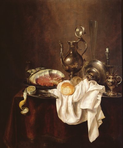Stilleben av skinke og sølvplate av Willem Claesz. Heda
