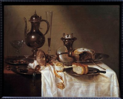 Stilleben ved det nautile bordet dekket med sølvtøy, et brød, en vinfløyte, en pai og en skrelt sitron. Maleri av Willem Heda (1594-1670) 1642 Saint Etienne, Museum of Fine Arts av Willem Claesz. Heda