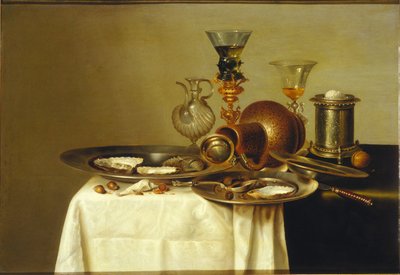 Stilleben med rømmer på forgylt stativ, steintøy og østers, 1637. av Willem Claesz. Heda