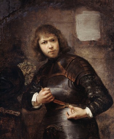 En soldat som står tre kvarter lang, og spenner beltet, av Willem Drost