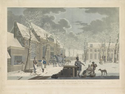 Hovedgarden for nasjonalgarden ved Muiderberg, 1813-1814 Hoofdwagt der Nationale Garden i Muijderberch foran Blocade der Vesting Naarden, fra november 1813 til Mey 1814 (tittel på objekt) av Willem Hendrik Hoogkamer (attributed to)
