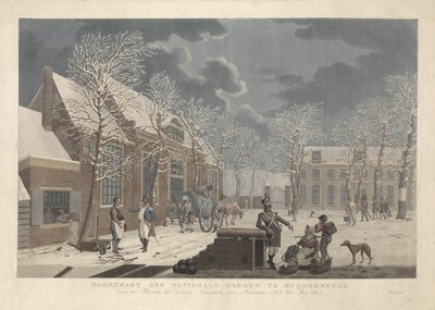 Snølandskap med soldater som snakker med sivile under beleiringen av Naarden Hoofdwagt der nationale hage i Muijderbergh foran Blocade der Naarden festning, fra november 1813 til Mey 1814 (tittel på objekt) av Willem Hendrik Hoogkamer (attributed to)