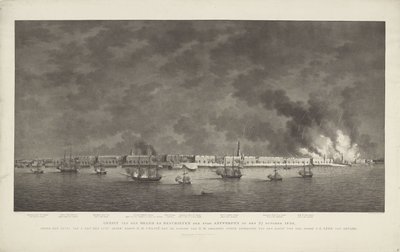 Utsikt over merkevaren og skytingen av byen Antwerpen 27. oktober 1830, under kommando av Z. Exc.e Luit.t Gener.l Baron DH Chassé; med stillingen som ZM Smaldeel under kommando av van den Kapit.n ter Zee, Jonkh.r JE Lewe van Aduard (tittel på obj av Willem Hendrik Hoogkamer