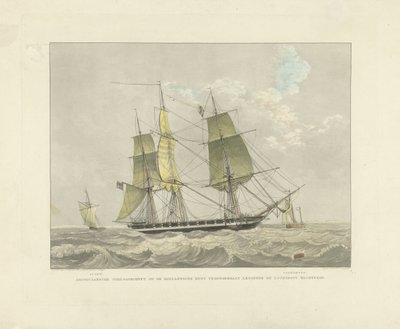 Seilskute, slup og losbåt på vannet Amerikansk krigskorvett mot den nederlandske kysten legger losbåten og venter (tittel på objekt) av Willem Hendrik Hoogkamer