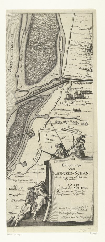 Beleg van Schenckenschans (høyre side), 1635 Belegeringe van Schencken-Schans, Met alle de nieuwe Forten ende approachs / le Siege du Fort de schinc, Avecq toutes les Nouvelles Fortifications et Approches (tittel på objekt) av Willem Hondius