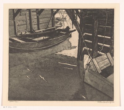 Interiør i lekterhus med fiskekort og lekter med innebygget fiskekort av Willem Jansen (graveur) (signed by artist)