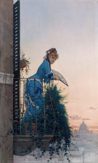 En elegant skjønnhet på en balkong med utsikt over Roma, med St. Peters kuppel i det fjerne av Willem Johannes Martens