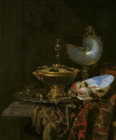 Storslått stilleben med Holbein-skål, Nautilus og glasskopp og fruktskål av Willem Kalf