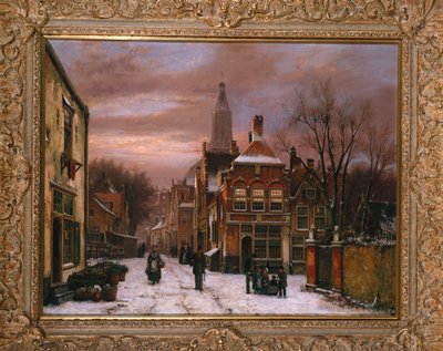 En vinterscene: en nederlandsk gate med mange figurer av Willem Koekkoek