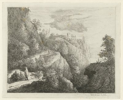 Fjelllandskap med hvilende figurer i siden av veien av Willem Matthias Jan van Dielen