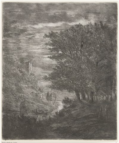 Kupert landskap med ruiner og båt på vann ved måneskinn av Willem Matthias Jan van Dielen