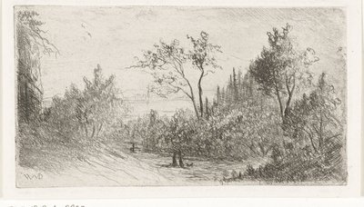 Kupert landskap med turgåere og hund i kanten av skog av Willem Matthias Jan van Dielen