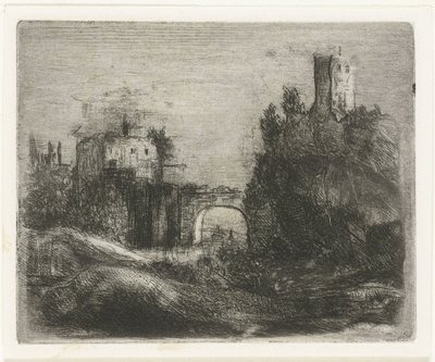 Sørlandskap med port og tårn på berg av Willem Matthias Jan van Dielen