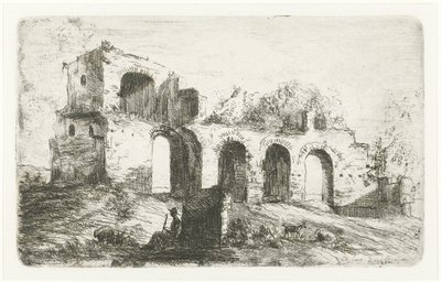 Sørlandskap med ruin og gjeter med storfe av Willem Matthias Jan van Dielen