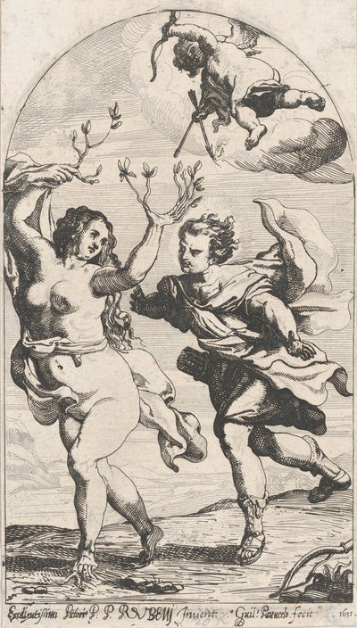 Daphne flykter fra Apollo, med Cupid over hodet, 1631. av Willem Panneels