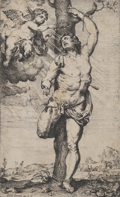 The Martyrium of Saint Sebastian, med engler som kronet ham øverst til venstre, ca. 1620-32.. av Willem Panneels