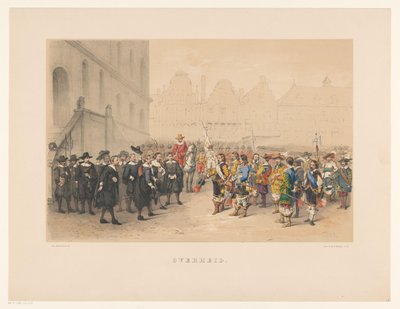 Tredje gruppe av maskerade i Utrecht i 1856 Regjeringen (tittel på objekt) Vårt hjemland omkring midten av 1600-tallet, foreslått av H.H. studenter, medlemmer av Mutua Fides, i feiringen av 220-årsjubileet for Utrechtsche Hoogeschool, 25. juni av Willem Pieter Hoevenaar