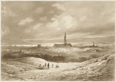 Utsikt fra åsene i en by på en innsjø av Willem Pieter Hoevenaar